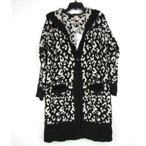 Ugg Judith Sweater-Knit Leopard Print Hooded Cardigan in Black and White Sz M/L